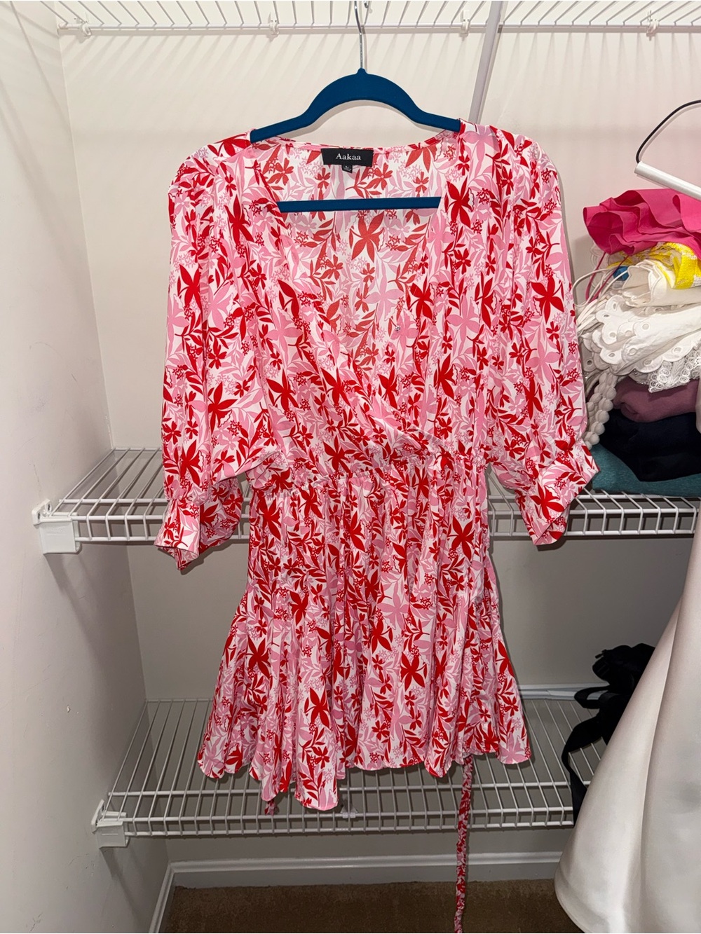 Aakaa Pink & Red Floral Wrap Mini Dress